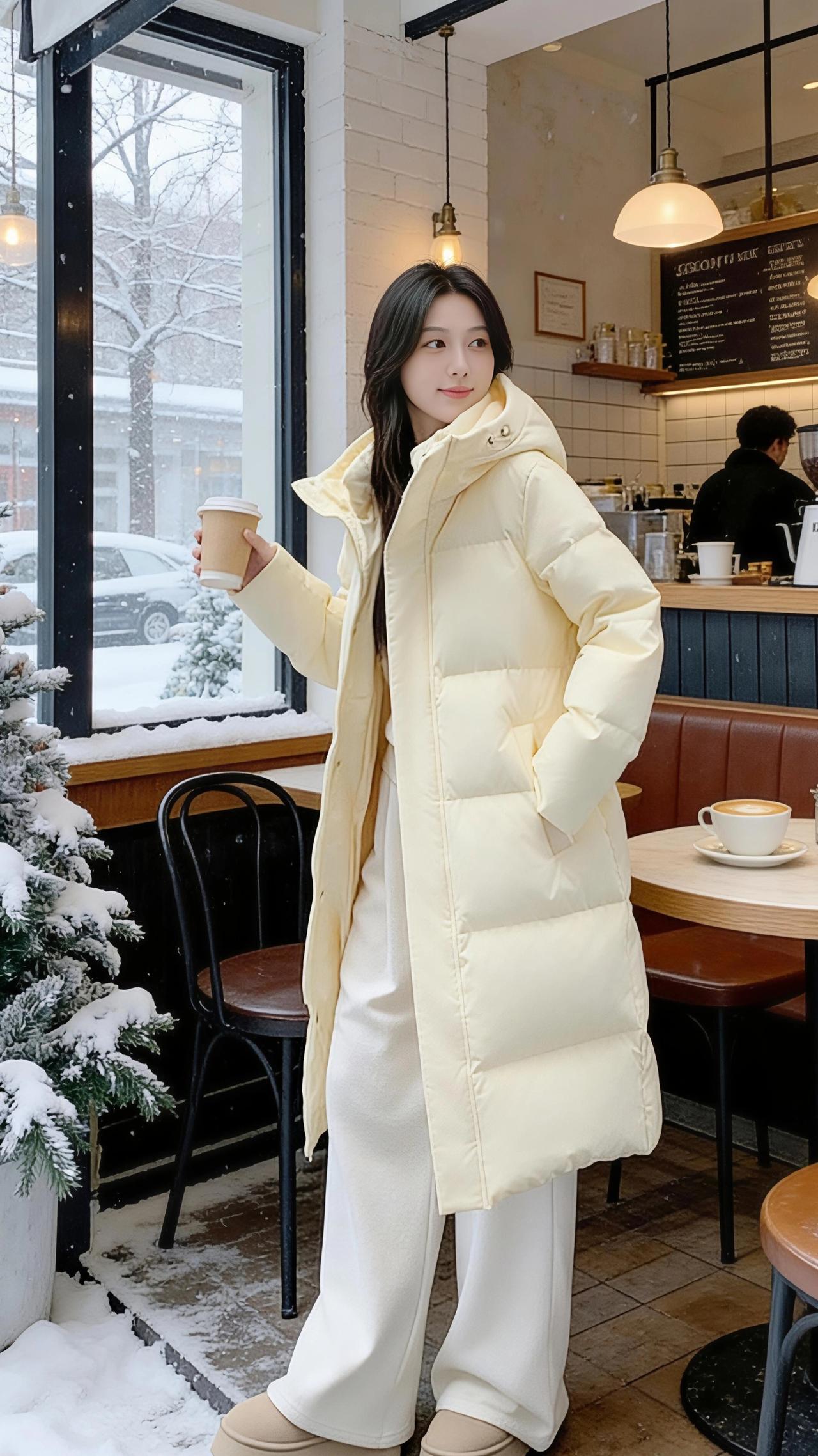 雪落时，她裹着那身鹅黄的蓬松，像把冬日的暖阳揉进了衣褶里。
 
咖啡馆的暖光漫过