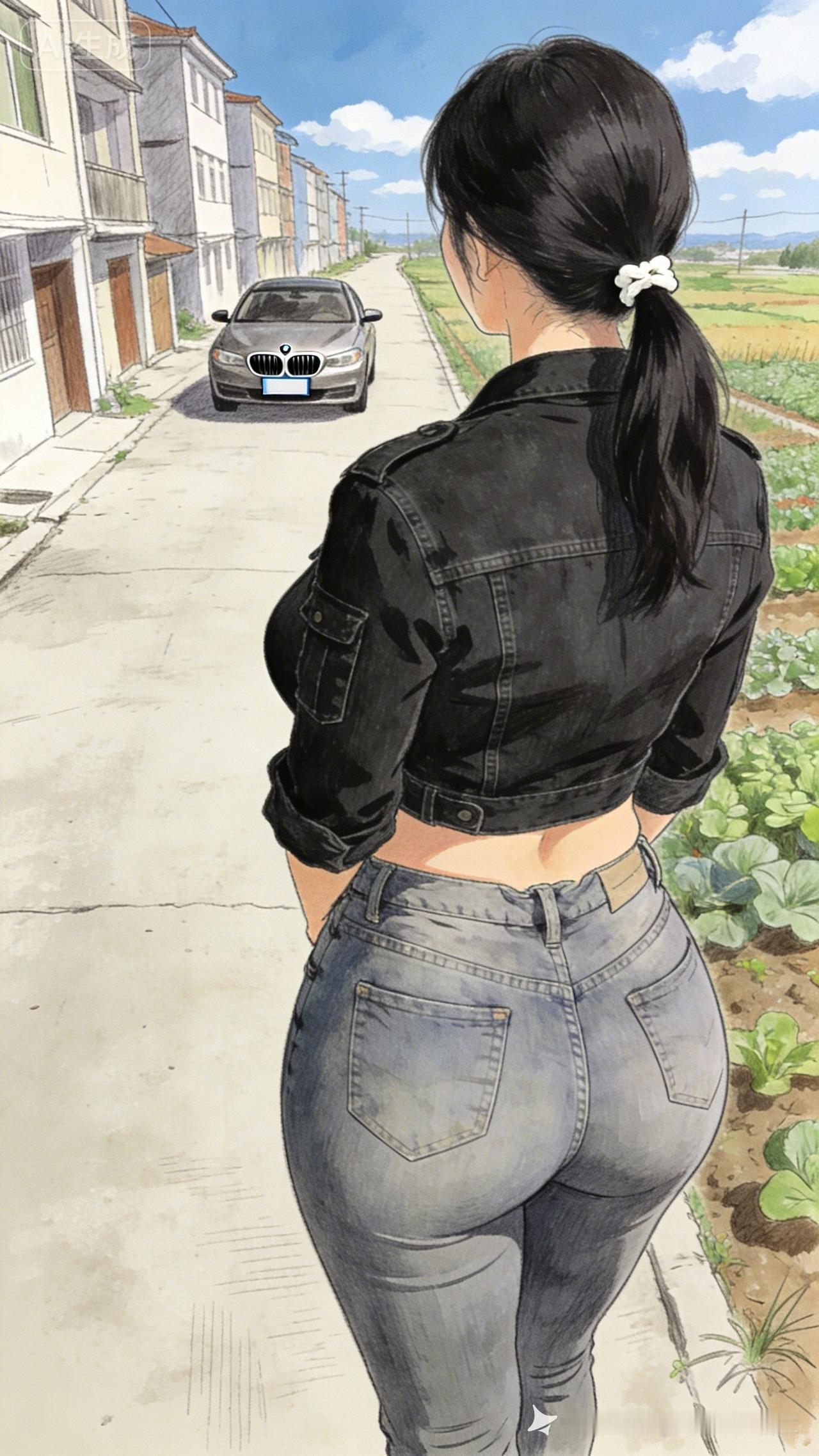 青春洋溢的街头少女，背对镜头，眺望远方的车影。