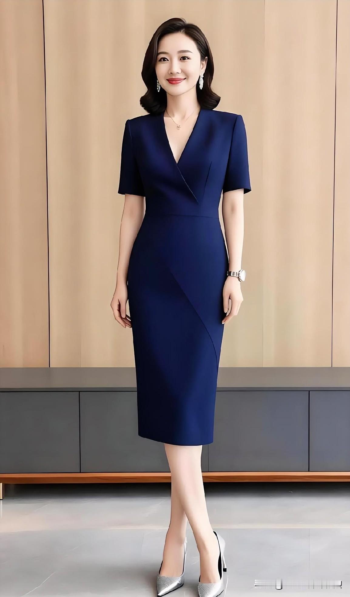静谧的木纹前，她宛如一抹深邃的蔚蓝。修身裙装勾勒出曼妙身姿，银色高跟点亮知性风华
