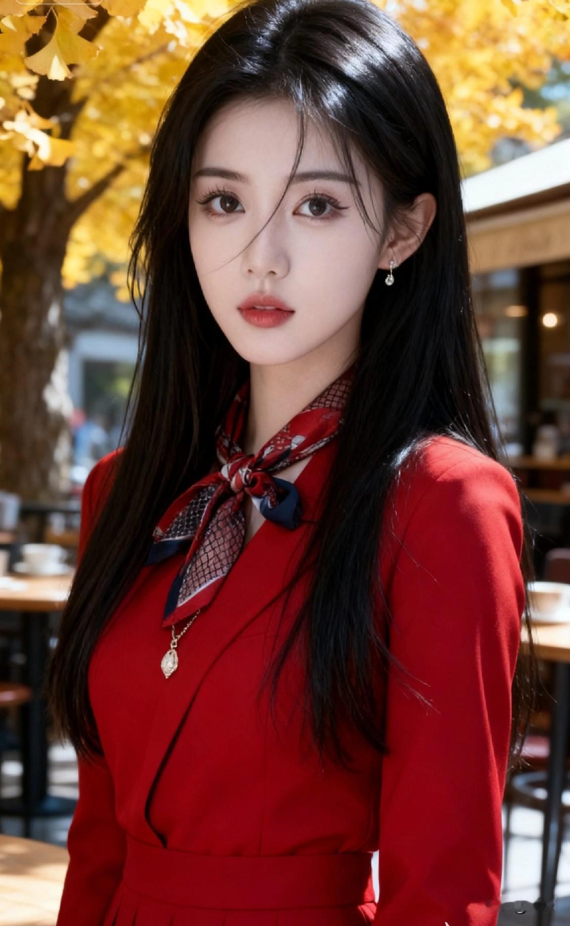 秋日暖阳下的红衣少女，优雅动人