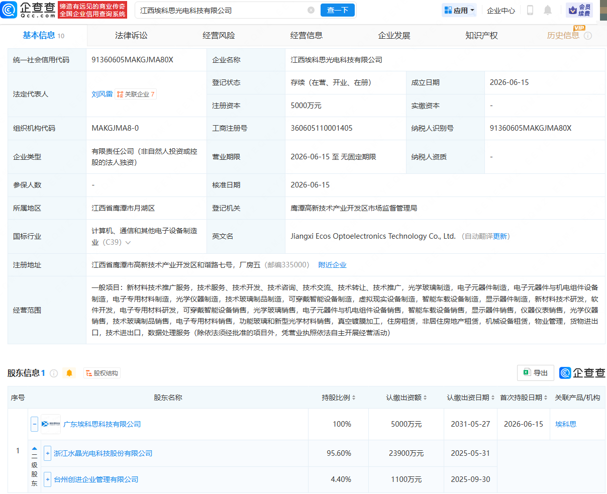 水晶光电在江西成立光电科技公司，注册资本5000万