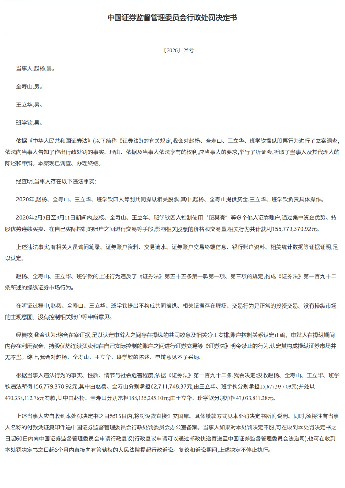 【获利近1.57亿元 4人操纵股票被罚没6.27亿元】证监会发布行政处罚决定书，