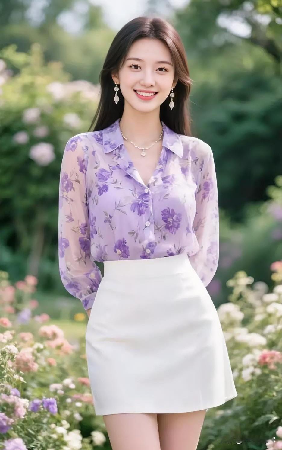 紫花衬衫映白裙，花间浅笑，风也温柔。