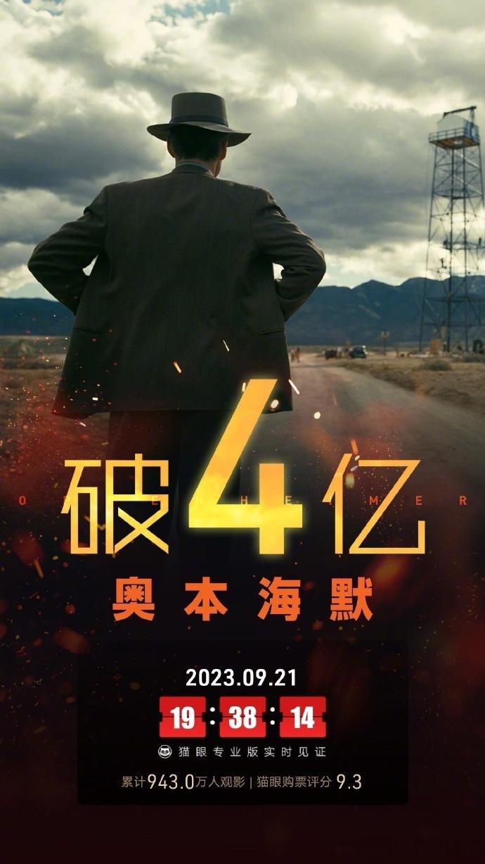 电影《奥本海默》上映第23天 ，票房破4亿。 ​​​