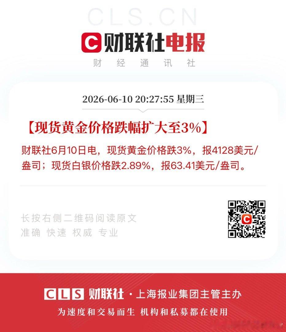 【现货黄金价格跌幅扩大至3%】财联社6月10日电，现货黄金价格跌3%，报4128
