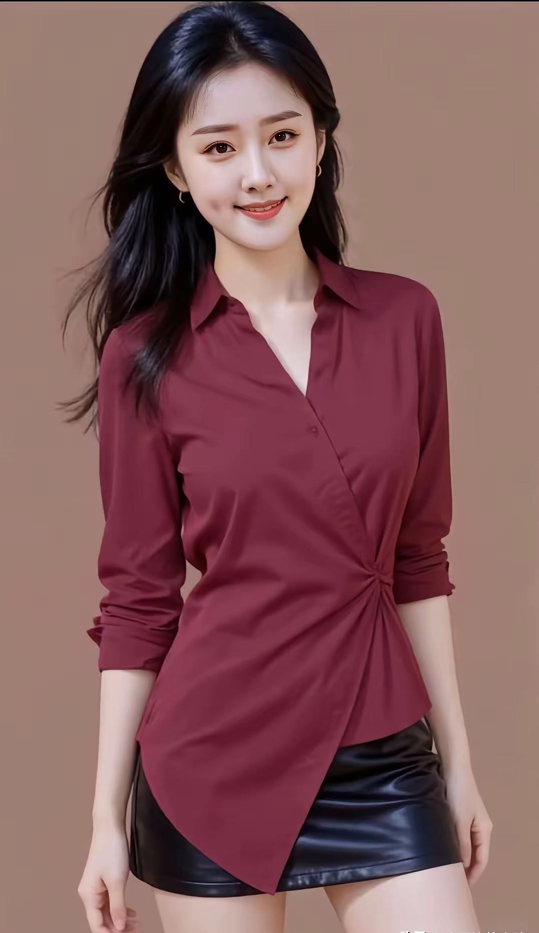 优雅红衣搭配黑色皮裙，尽显时尚魅力！