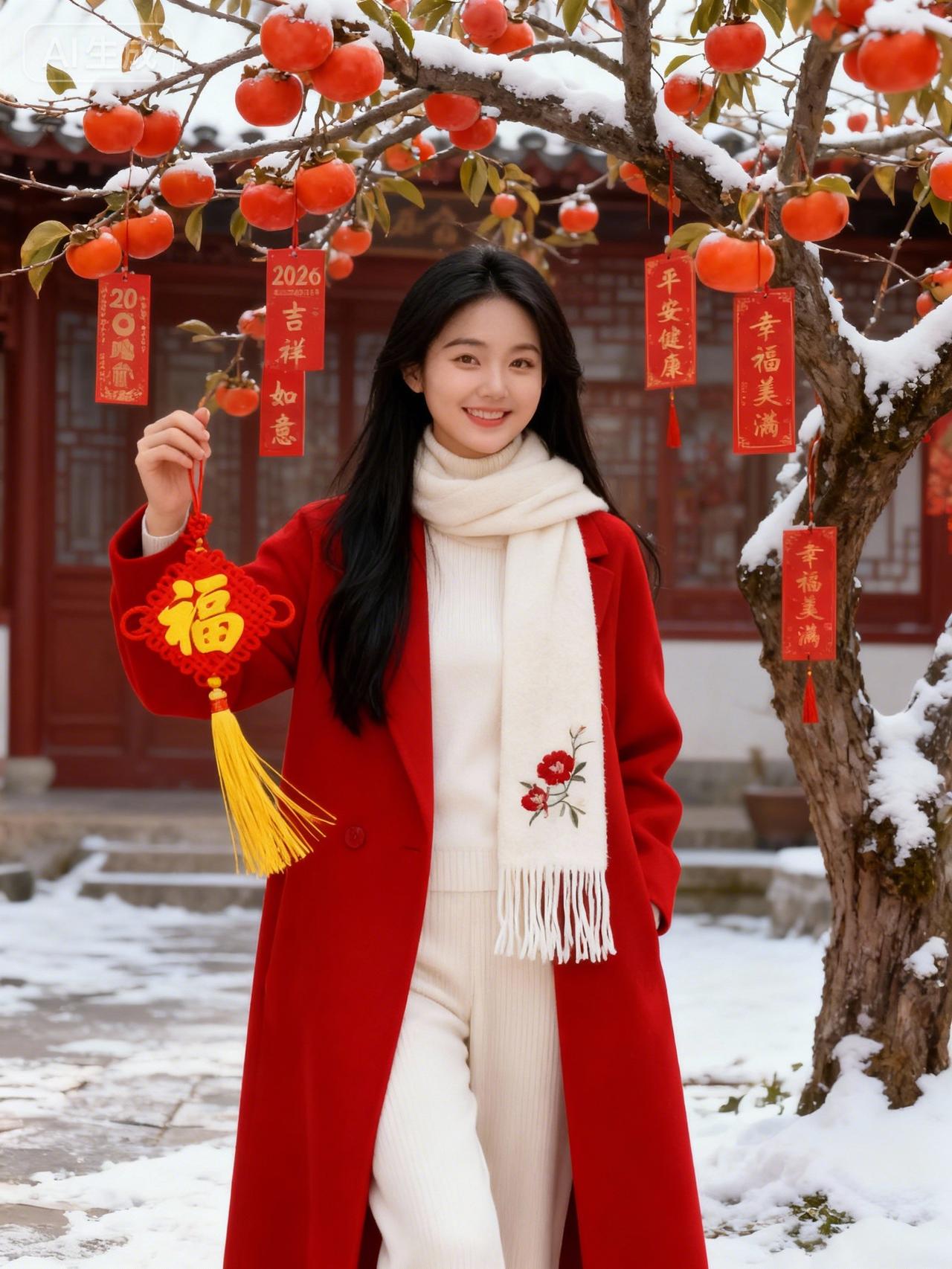 冬日暖阳下，红衣美女与雪中红果相映成趣，笑靥如花，幸福美满。