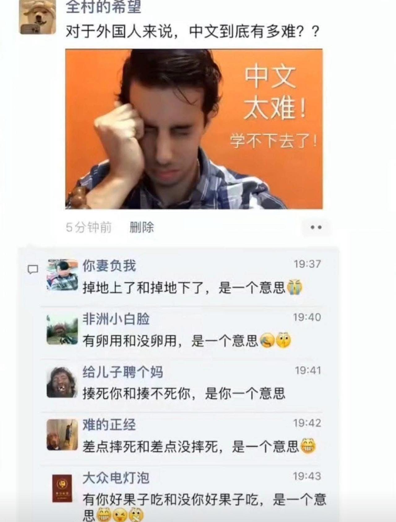 外国小哥崩溃发文诉苦，吐槽中文难度爆表，实在学不下去。评论区网友挨个整活：掉地上