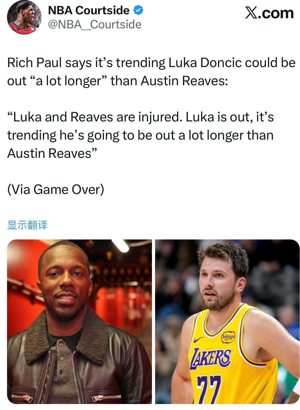 里奇-保罗表示，目前的趋势表明东契奇的缺阵时间可能比里夫斯长得多：“东契奇和里夫