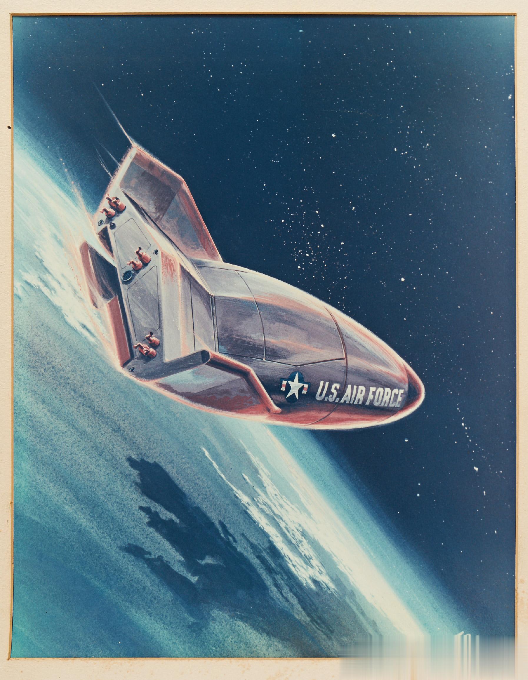 这幅60年代绘制的艺术作品表现的是美国空军与NASA合作的升力体空天飞机项目，目