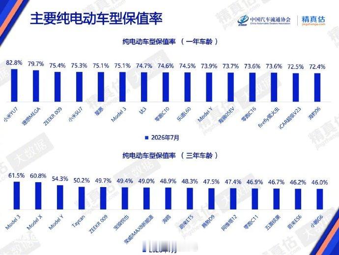 一年期纯电动车型保值率小米YU7 第一，小米SU7第四，理想MEGA第二说出来可