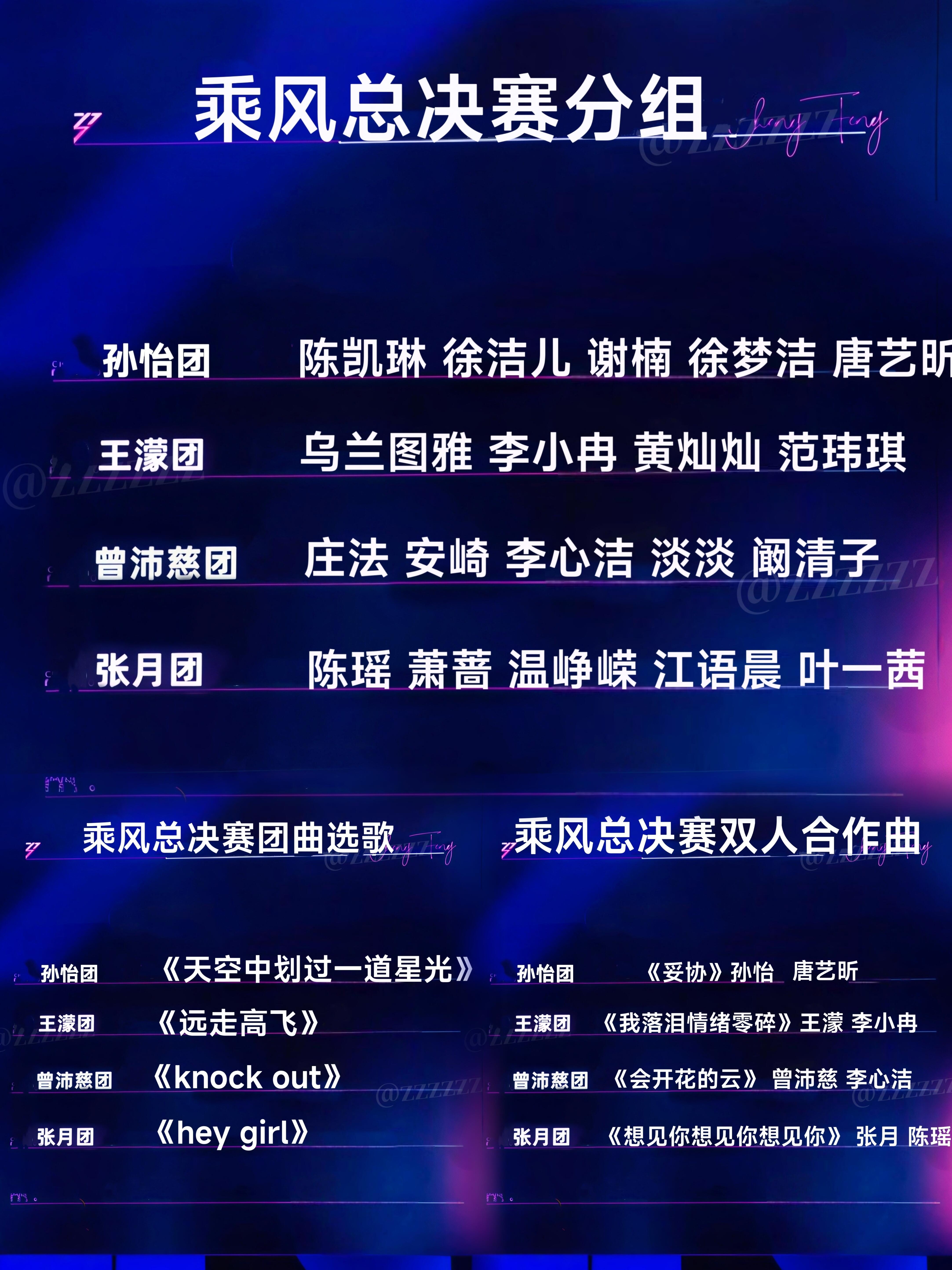 乘风总决赛分组选曲情况出炉乘风2026 浪姐总决赛双人曲各团出演情况：王濛团《我