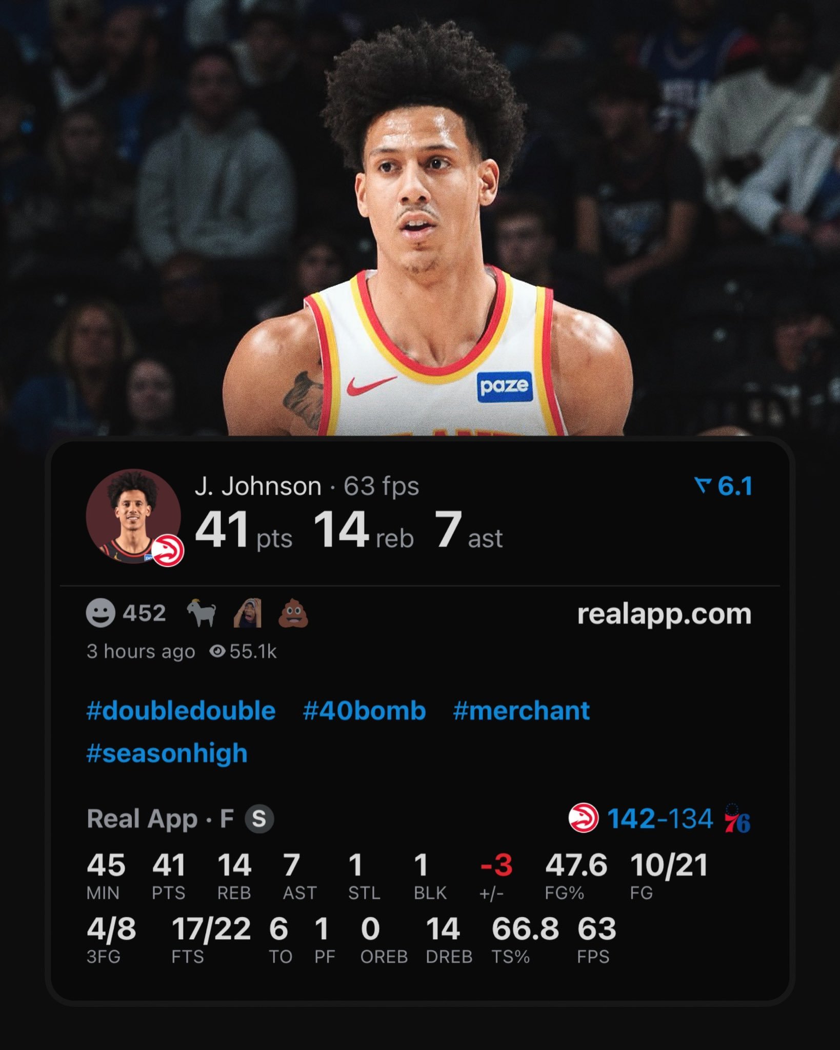 同时拥有这两位的范特西股东心满意足，JJ生涯首个40+NBA