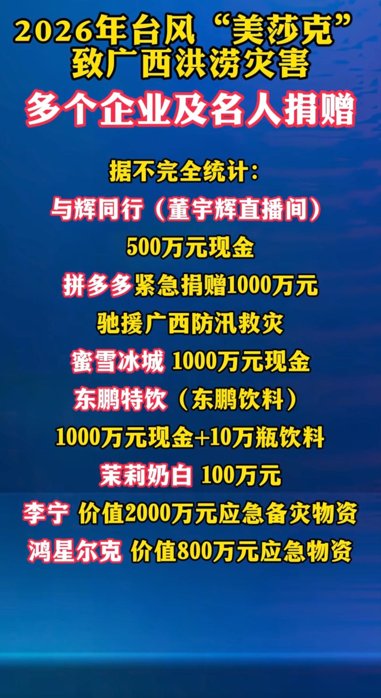 情系广西灾区的爱心企业与个人，值得我们致以最崇高的敬意。其中包括与辉同行、拼多多