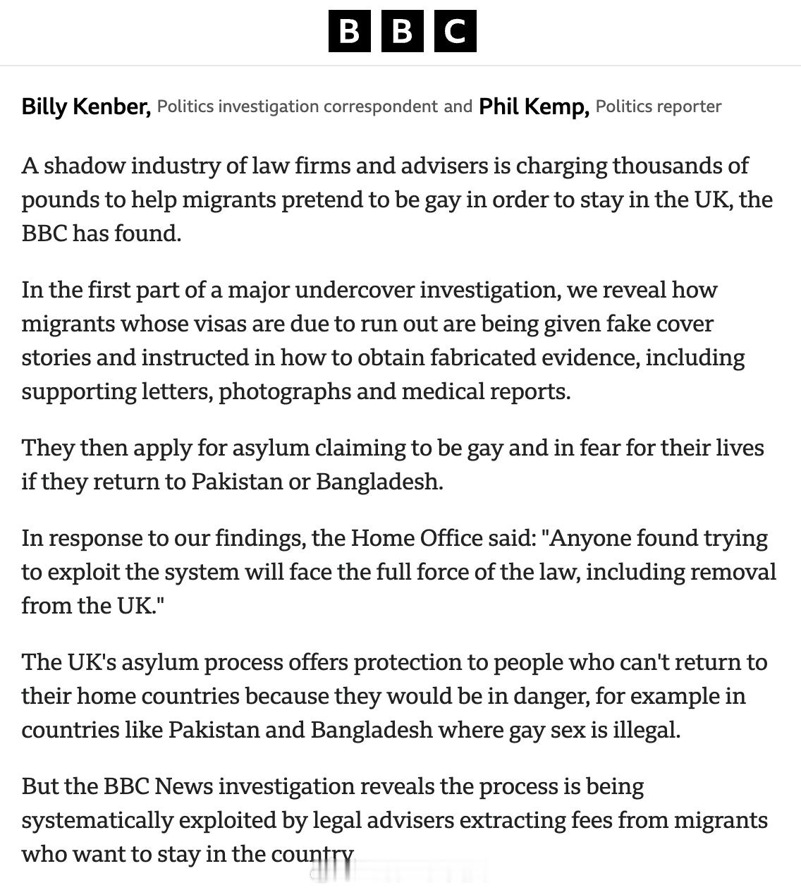 BBC卧底调查揭露，英国出现一条帮助移民伪造“同性恋身份”申请庇护的灰色产业链。