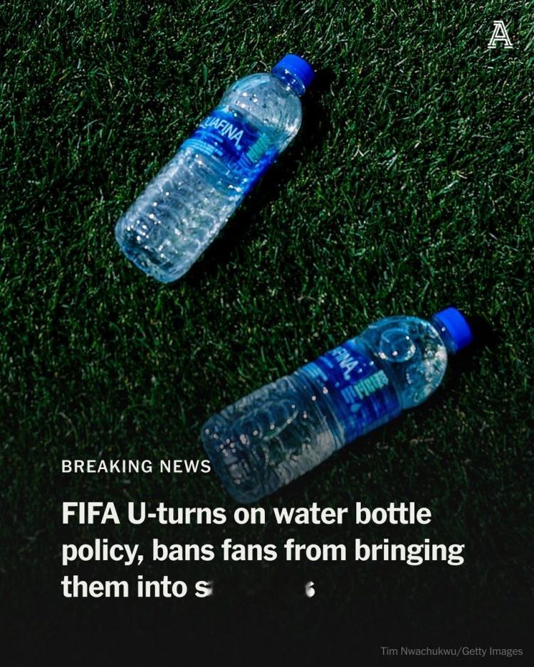 世界杯禁止球迷携带水瓶入场 据The Athletic报道，国际足联在世界杯开赛