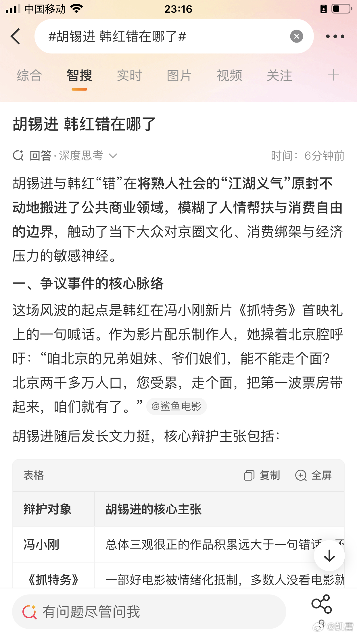 胡锡进 韩红错在哪了我搞不明白这当中错在哪了冯小刚总体上是三观很正的导演，这样精