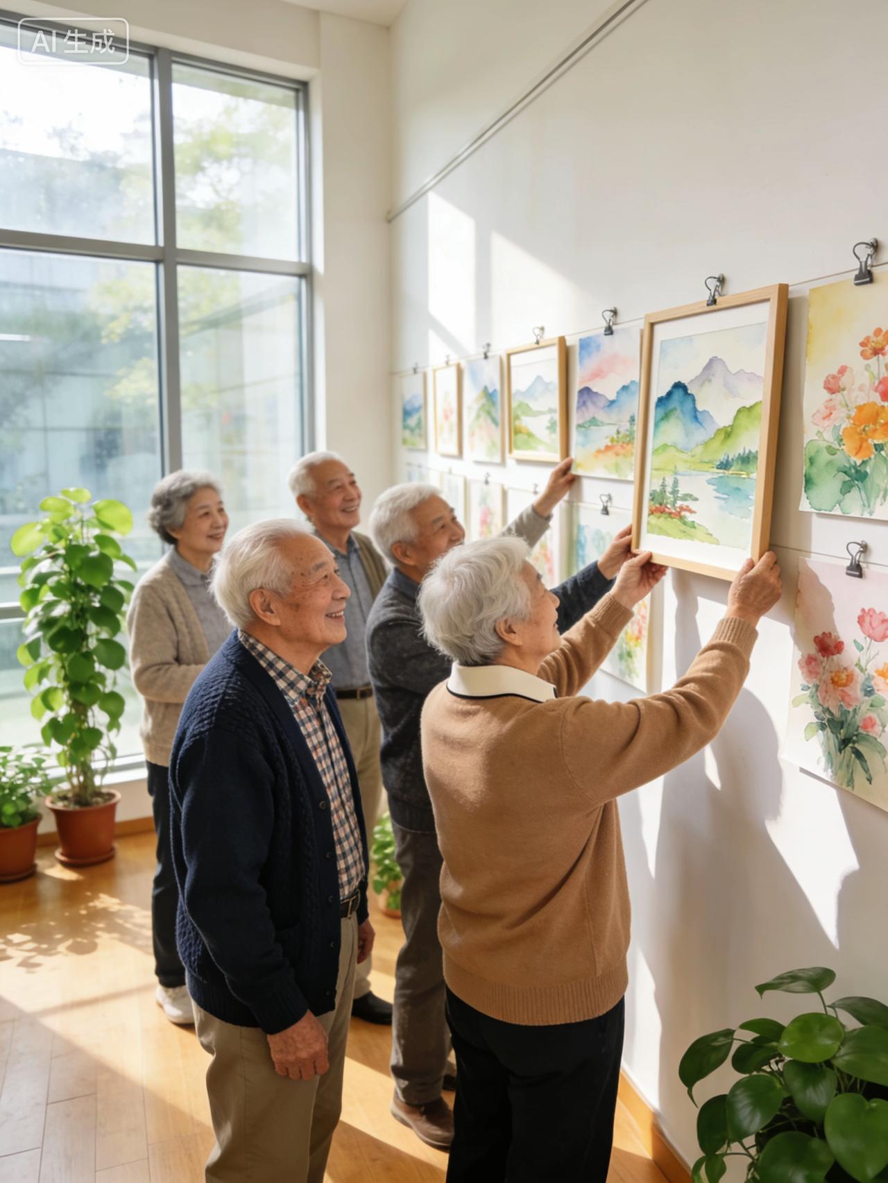 一、适合主题的配图类型
课堂学习场景
老年人认真上书法课、绘画课、智能手机课
合