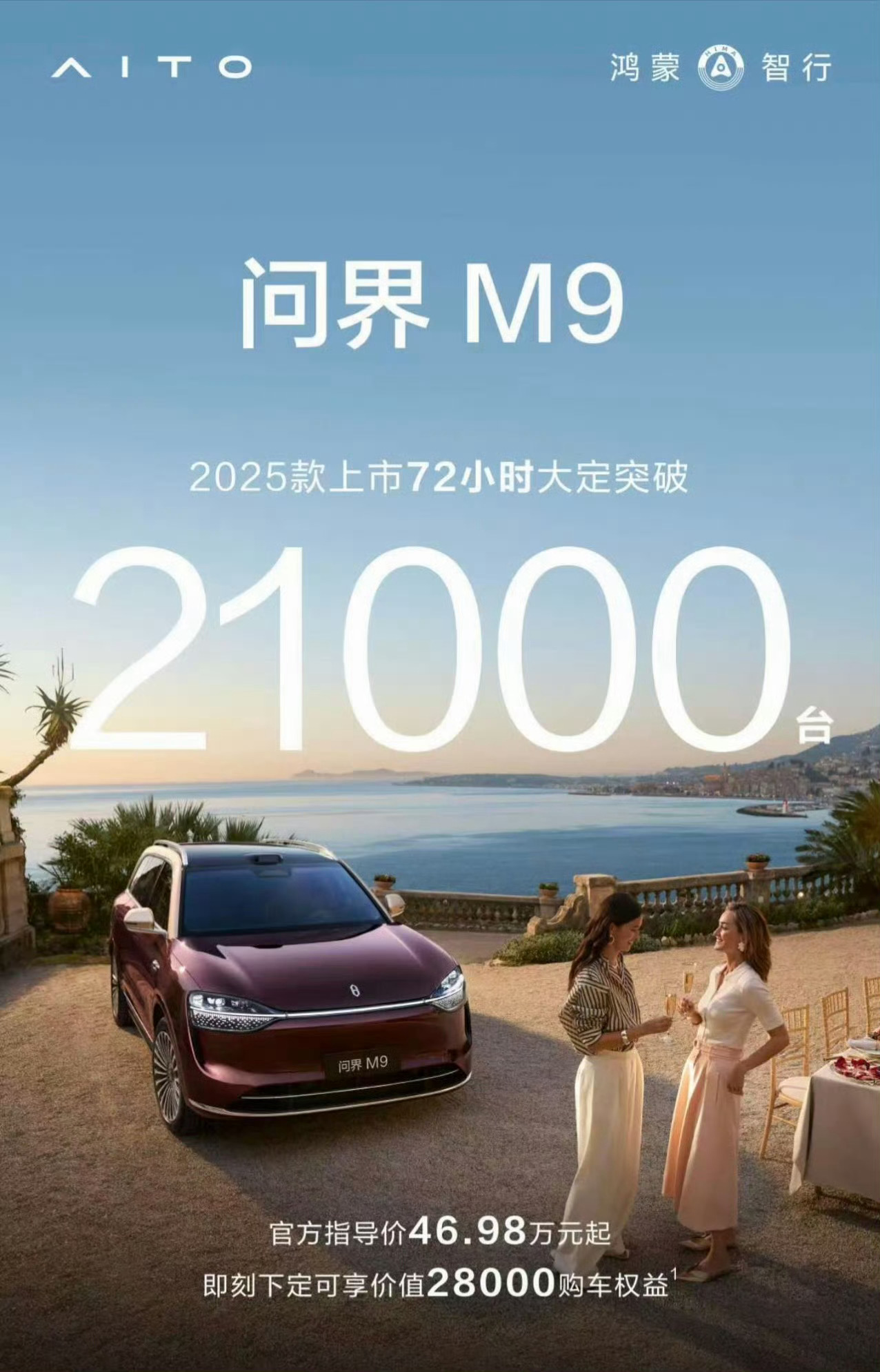 2025款问界M9上市72小时大定突破2.1万台，来自一款售价46.98万元起的