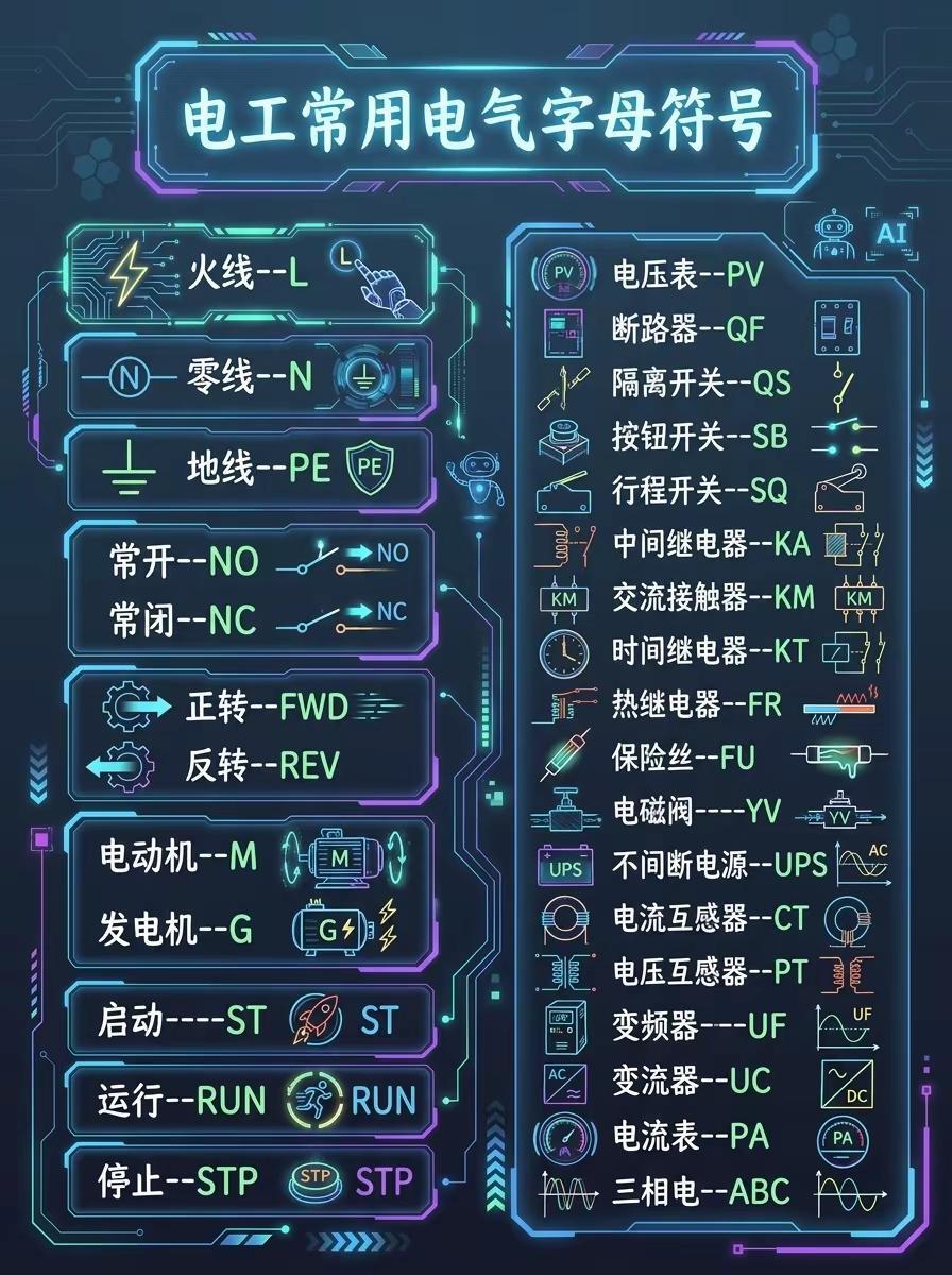 电工最常用的字母符号，收藏备用。电工技术