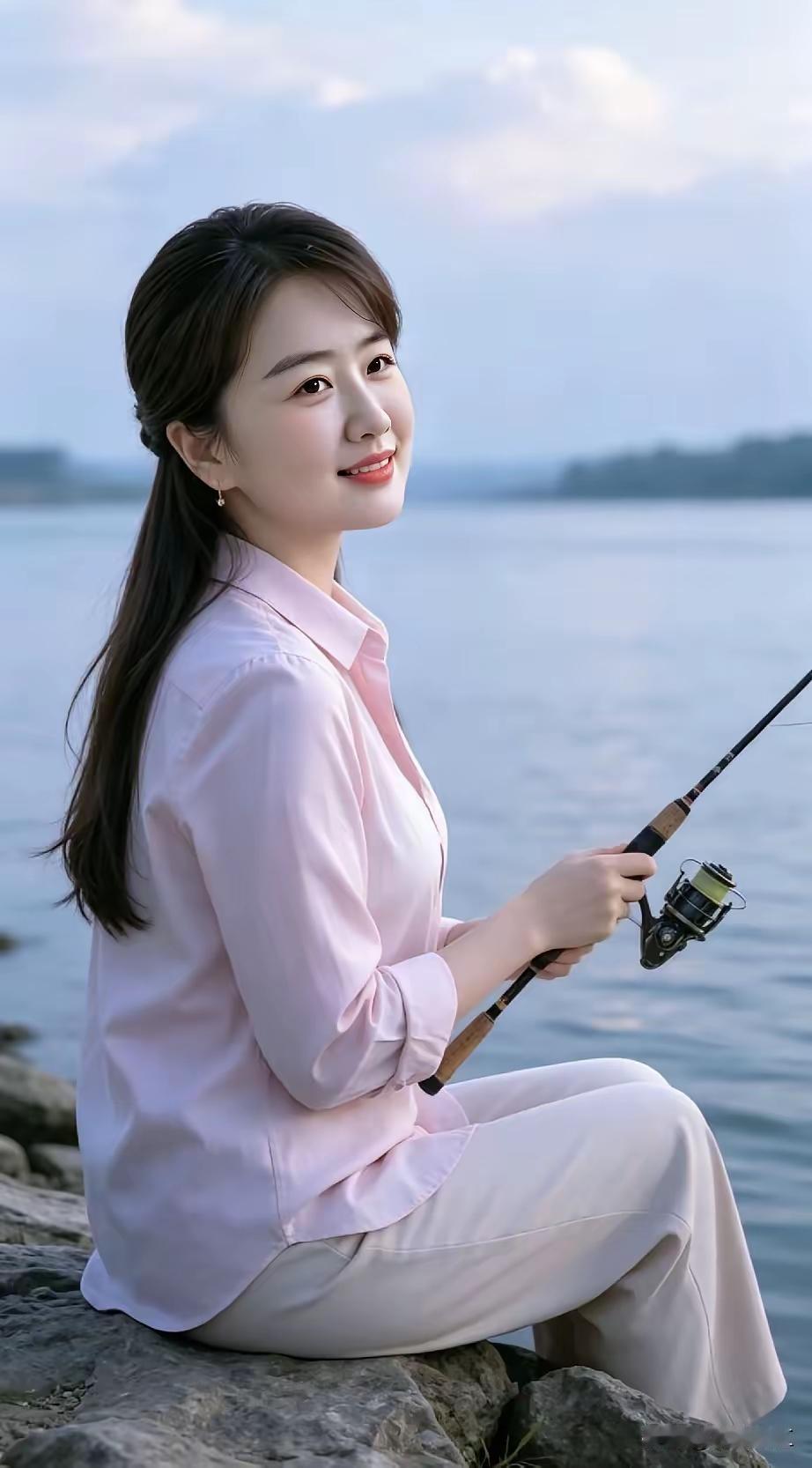 这位小姐姐在湖边钓鱼，笑得真甜。