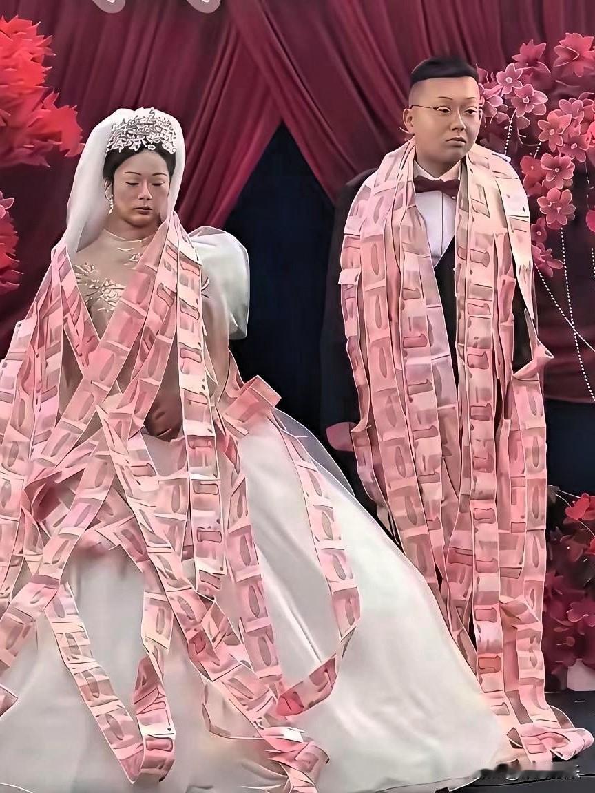 这是哪里风俗，结婚百元大钞披身上，看俩人表情就知道了。
咱就说这婚俗属实给我看懵