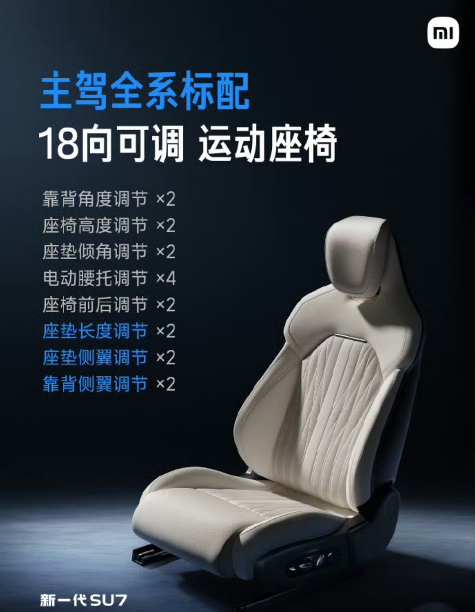 新SU7标配18向可调座椅18向电动调节：包含靠背角度（2向）、座垫长度（2向）