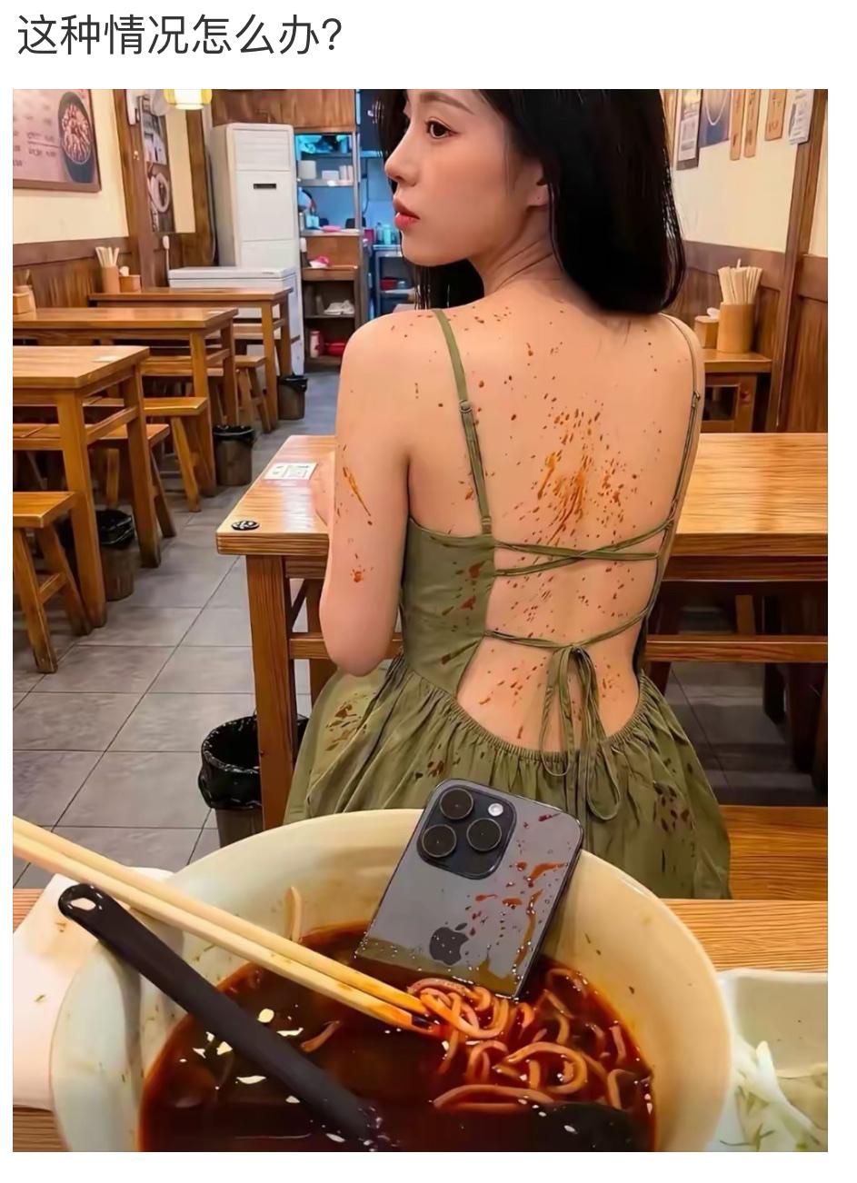 本来想美美嗦一碗红油面，手一滑手机直接扎进热汤里，滚烫的辣椒油全溅前面露背小姐姐