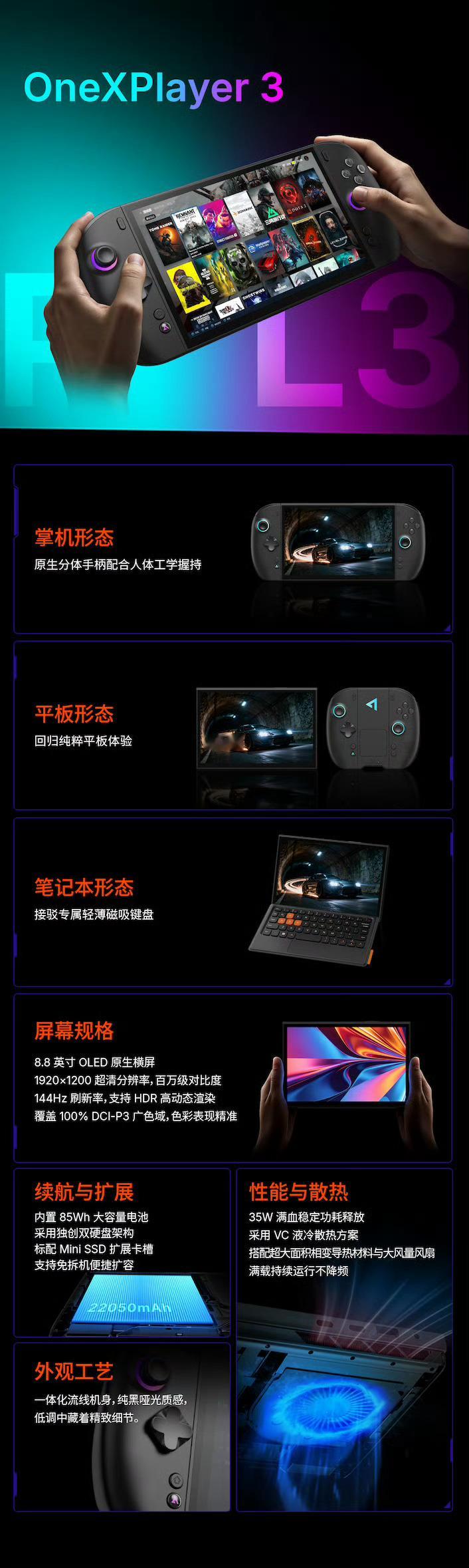 壹号本OneXPlayer 3参数方面搭载8.8寸三星AMOLED，144Hz 