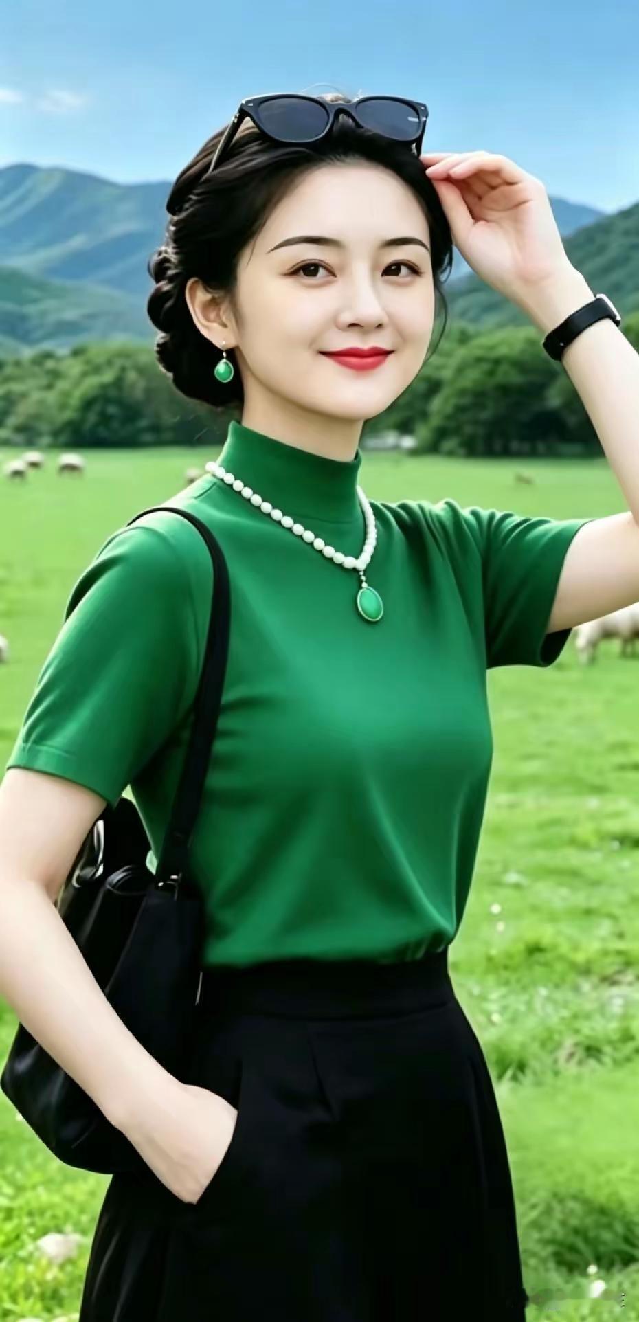 这姑娘在绿色田野里拍照呢。
