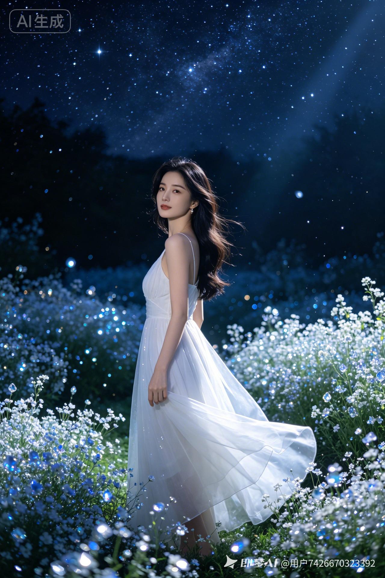 夜幕铺展水钻星空布景，满庭碎钻化作满天星花海，朦胧薄雾萦绕。电影柔光灯晕轻裹肌肤