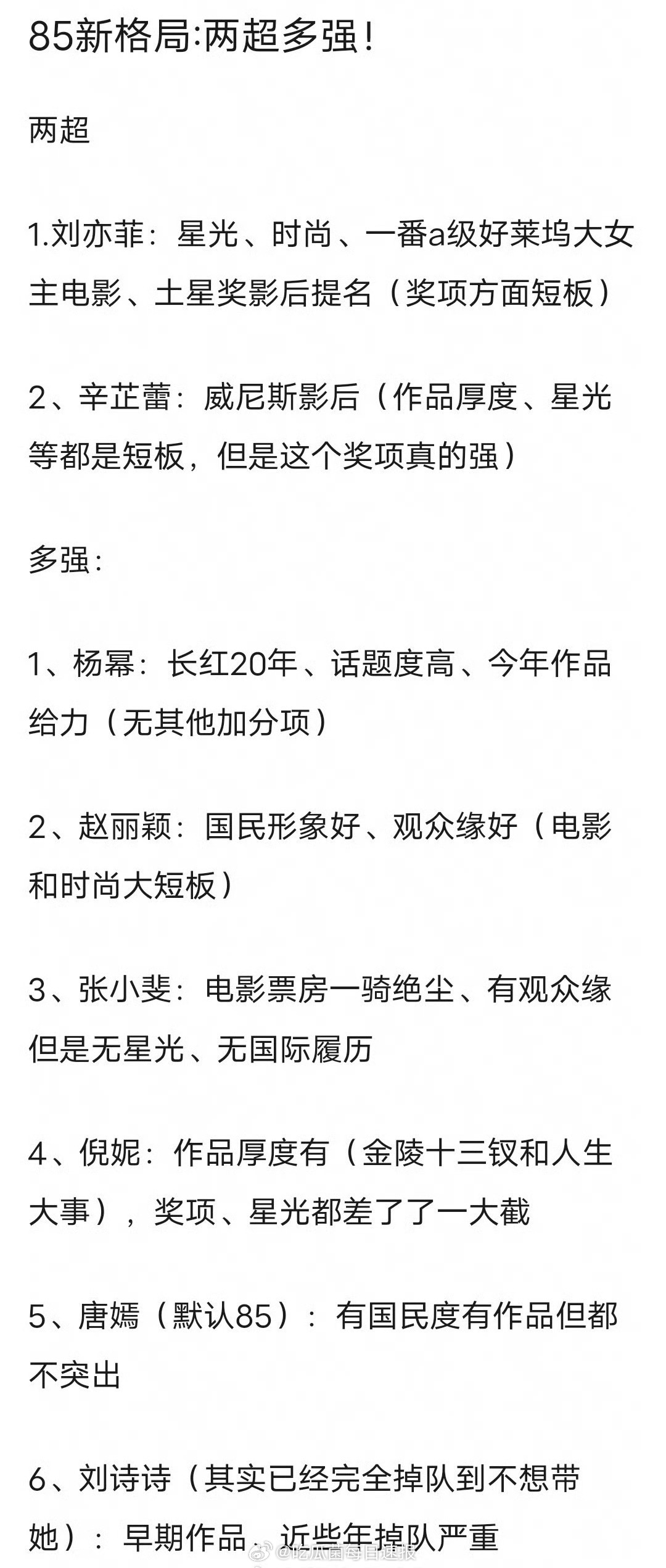 网友分析的85花新格局——两超多强两超：刘亦菲、辛芷蕾多强：杨幂、赵丽颖、张小斐