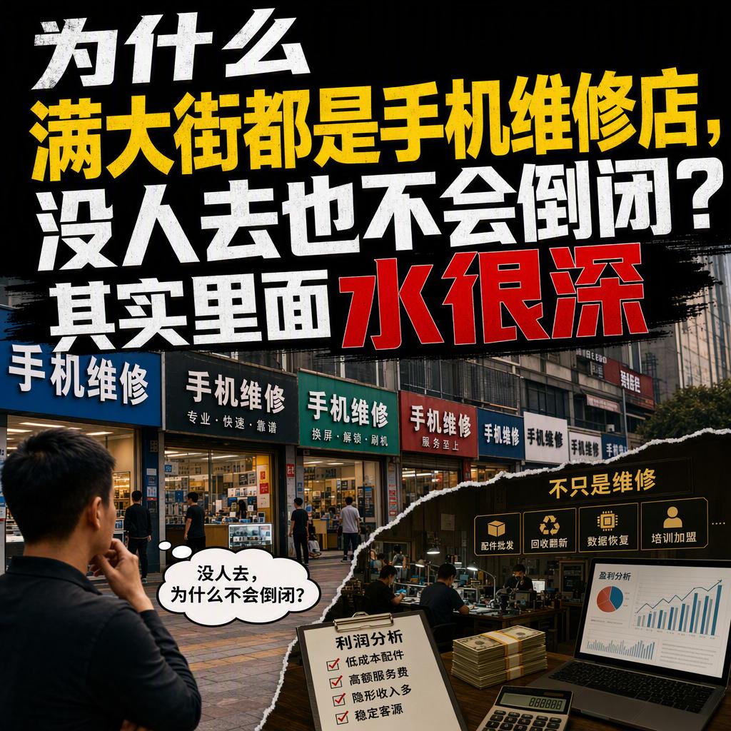 很多人觉得满大街的手机维修店没客流，迟早要倒闭。
可我那个开维修店的朋友，今年不