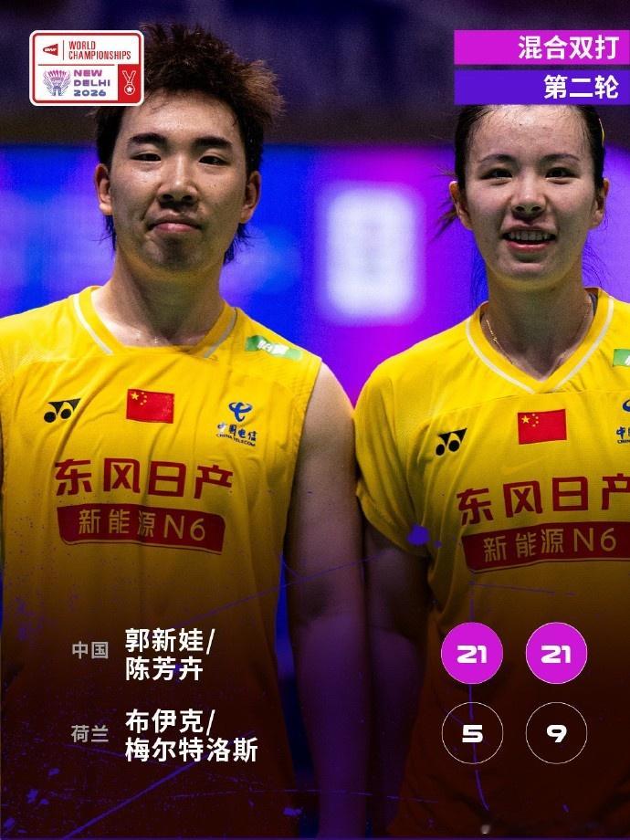 郭新娃/陈芳卉2-0战胜荷兰组合，晋级羽毛球世锦赛混双16强