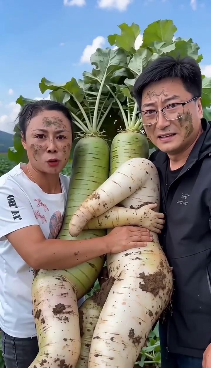拔萝卜还拔出好缘分来了。这俩萝卜比咱俩还黏糊，真是地里的好搭档。这是民间没办法解