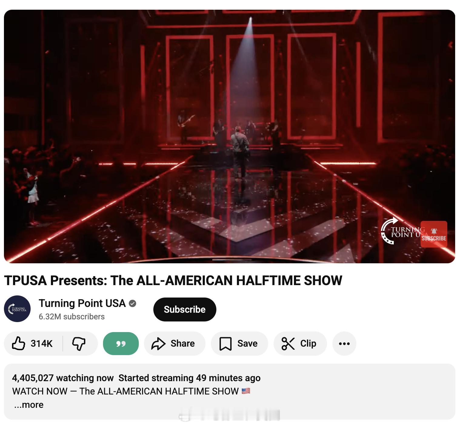 TPUSA对抗超级碗的中场秀，油管现在大概440多万人在线。超级碗今日焦点热点现