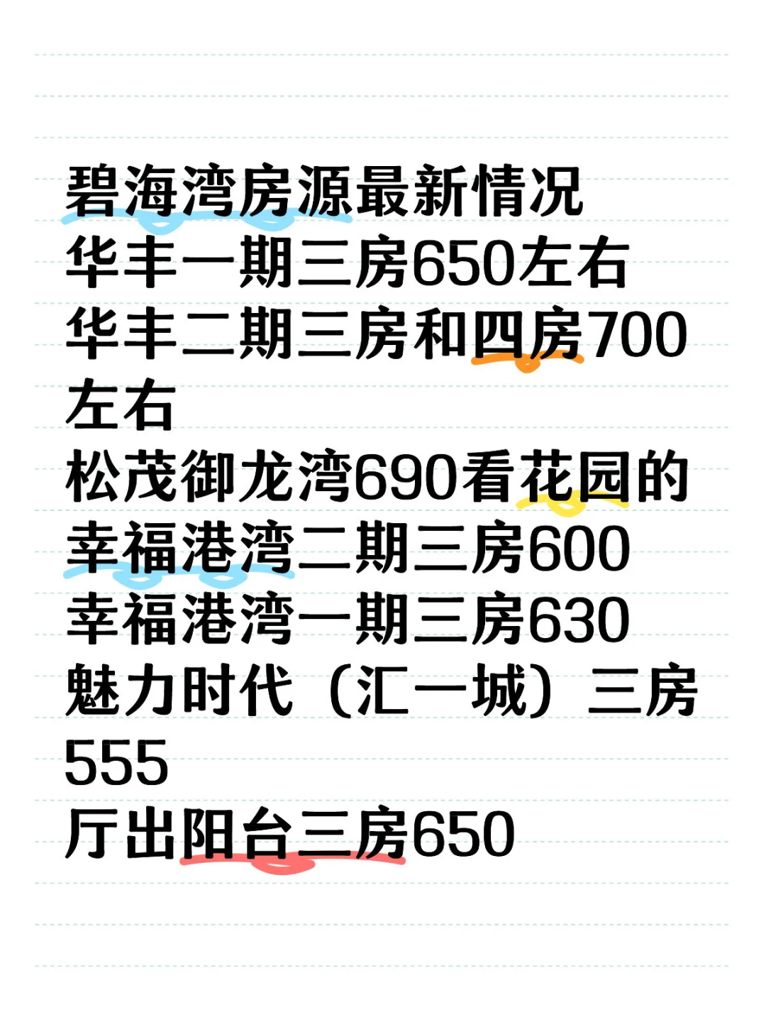 碧海湾房源最新情况 华丰一期三房650左右 华丰二期三房和四房700左...