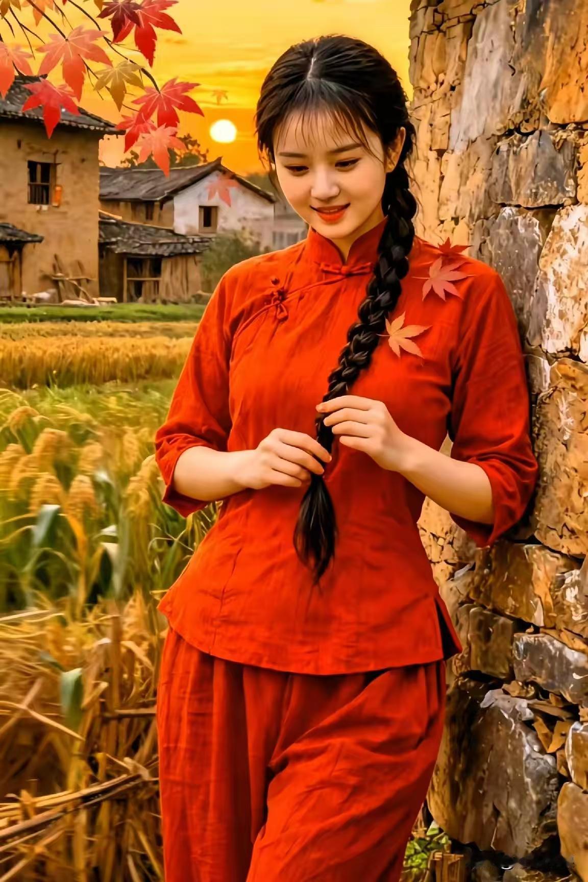 清江引·村姑
红衣野田迎晚照，
笑影风中妙。
风梳发辫垂，
叶落花飘俏。
不贪市