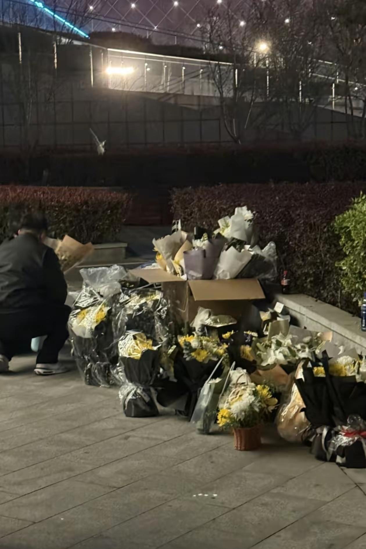 花海不语，思念有声。

张雪峰公司楼下，黄白两色的菊花静静铺展，像一地无声的叹息