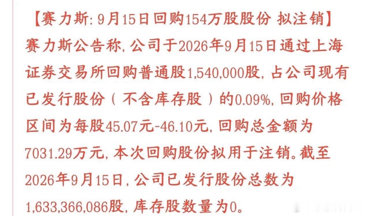 新能源龙头重大公告，回购股份并注销赛力斯在9月15日从二级市场买回自家154万股