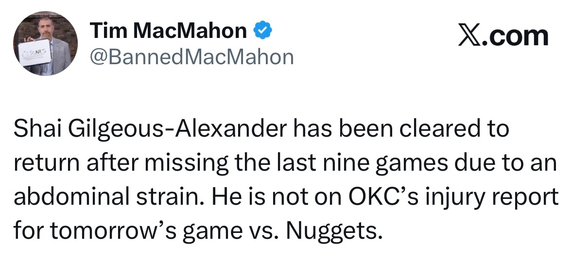 亚历山大因腹部拉伤缺席了过去九场比赛后，现已获准复出。他没有出现在雷霆明日对阵掘