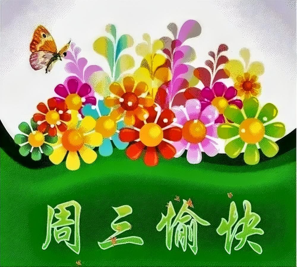 早安，周三愉快！缤纷花朵与蝴蝶共舞，用一抹绚烂色彩点亮你的好心情，让快乐在指尖绽