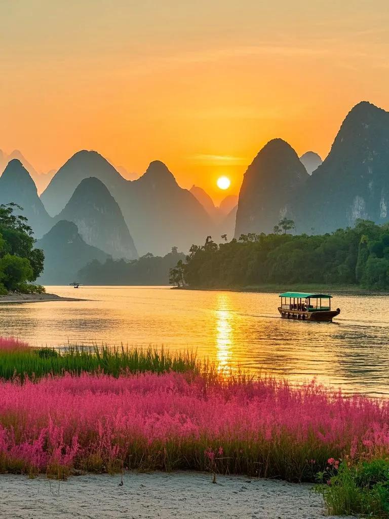 夕照漓江锦绣呈，山峦焕彩水光明。游船划破金波面，岸芷汀兰伴韵行。漓江两岸美如画 
