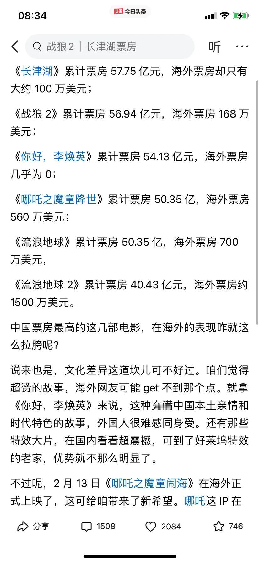 《哪吒2》虽然票房过了百亿
但是，基本上都是国内票房，还有我们前几年火爆的电影也