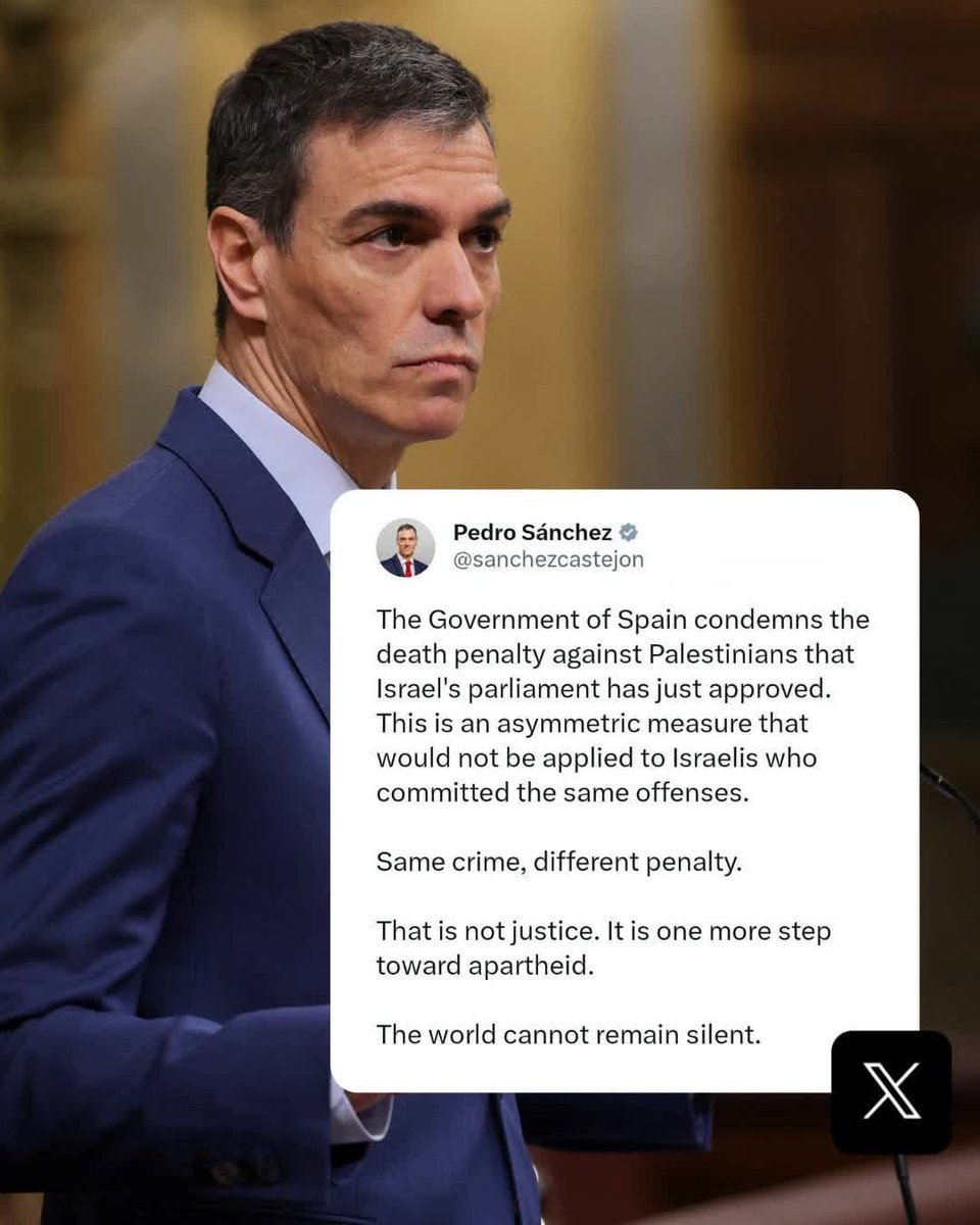 ❗西班牙首相佩德罗·桑切斯在 𝕏 发文谴责纳粹“以色列”立法机关通过的针对巴勒