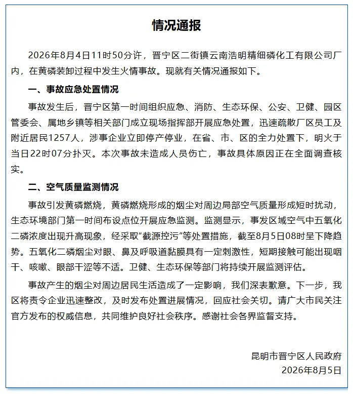 官方通报云南昆明一化工厂黄磷起火未造成人员伤亡 已疏散1257人