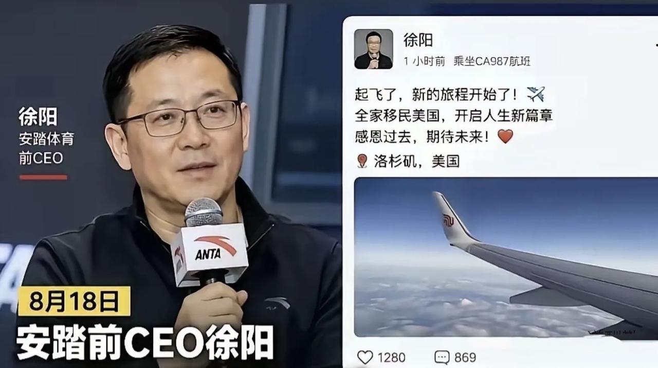 安踏前品牌CEO徐阳，飞向美利坚。走的很彻底，也打脸安踏公告，原来是一走了之。