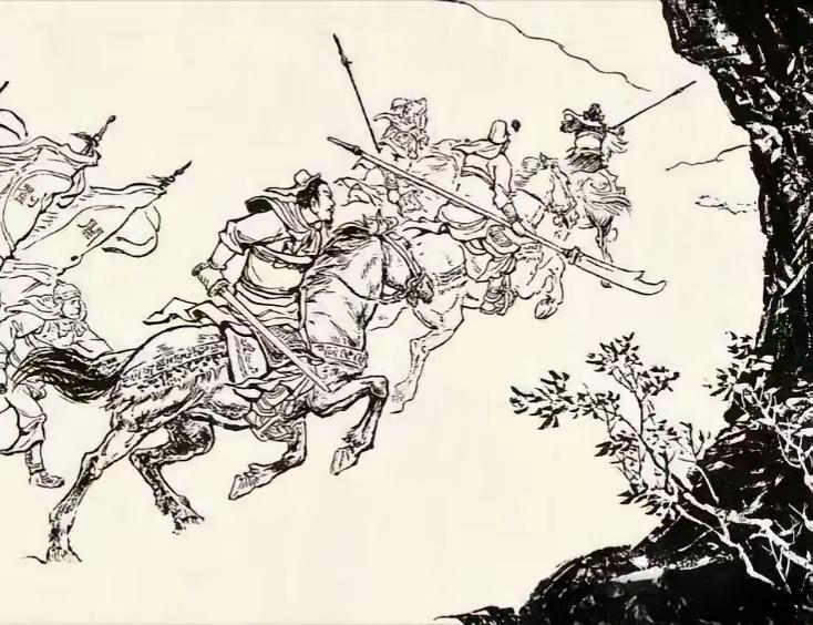 紧急救援。此图中张飞持矛在前开路，关羽与另外一个人驱马紧紧跟随，刘备手...