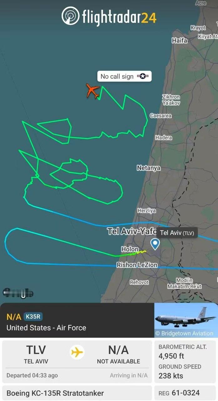 Flightradar24信息显示，一架美国KC-135加油机在迫回特拉维夫本古