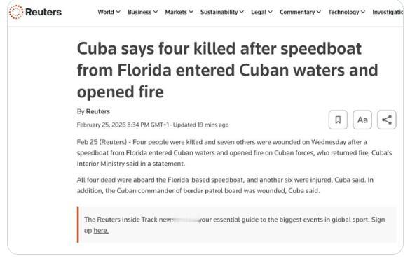 【古巴人向一艘美国船只开火 古巴当局声称，美国人首先袭击了一艘古巴船只。在还击中